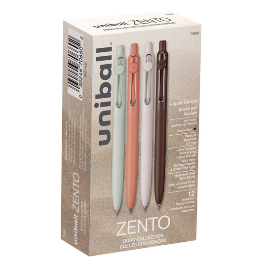 uni-ball Zento Gel Pen, Retractable, Medium 0.7 mm, Black Ink, Adobe/Linen/Mist/Umber Barrel Colors, Dozen (70660)