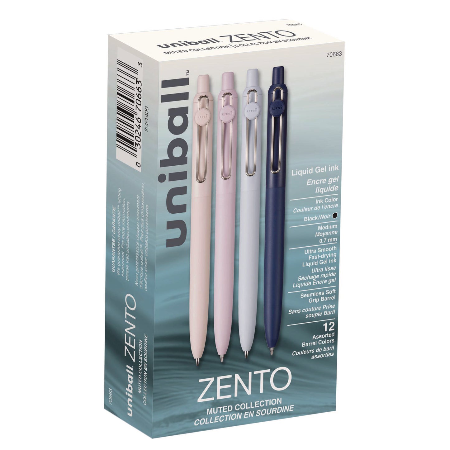 uni-ball Zento Gel Pen, Retractable, Medium 0.7 mm, Black Ink, Coastal/Fog/Ivory/Lavender Barrel Colors, Dozen (70663)