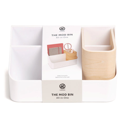 U Brands Mod All-in-One Desktop Organizer, 4 Compartments, 5.39 x 9.65 x 5.08, Plastic/Wood, White (5390U0312)