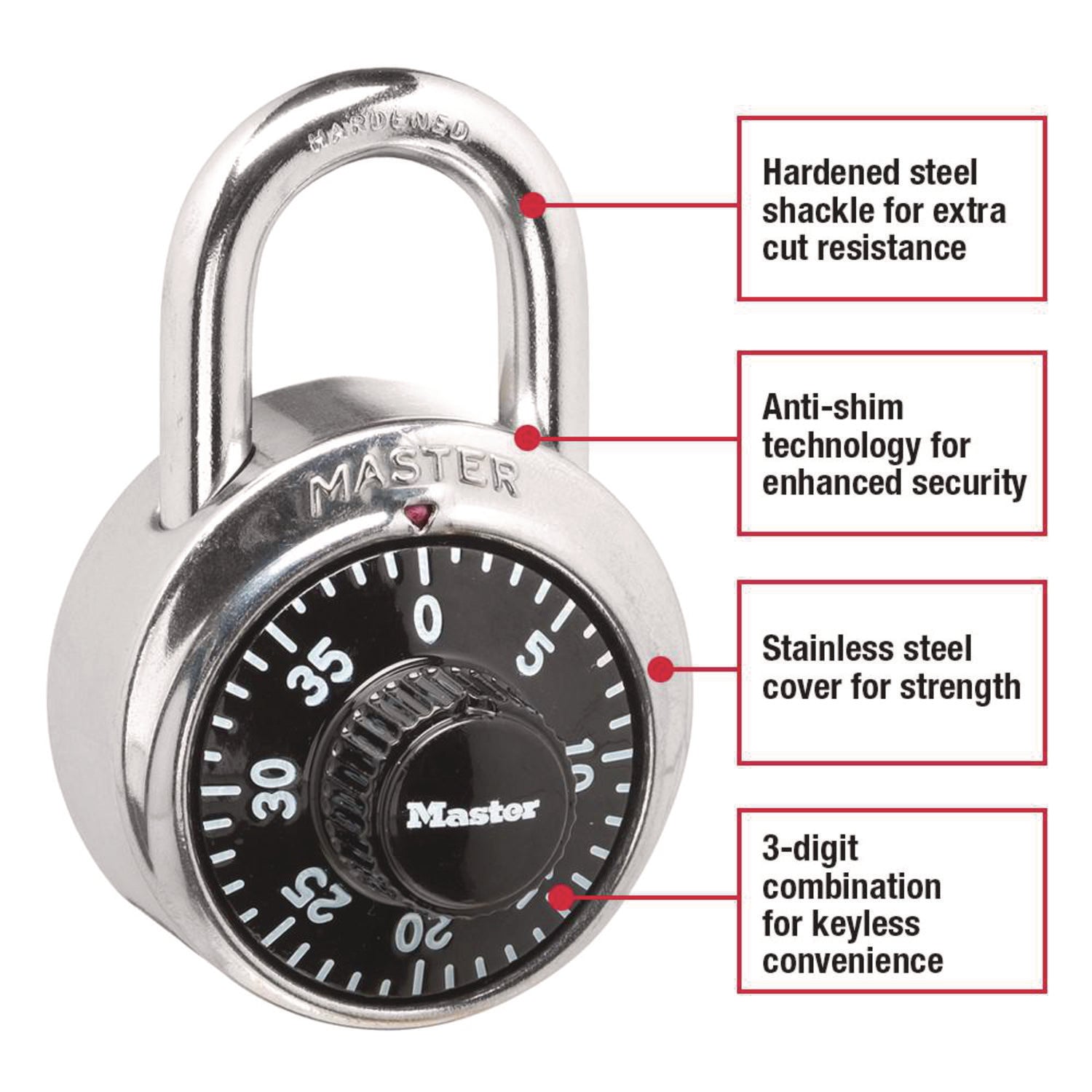 Master Lock Combination Lock, Stainless Steel, 1.87" Wide, Silver (1500D)