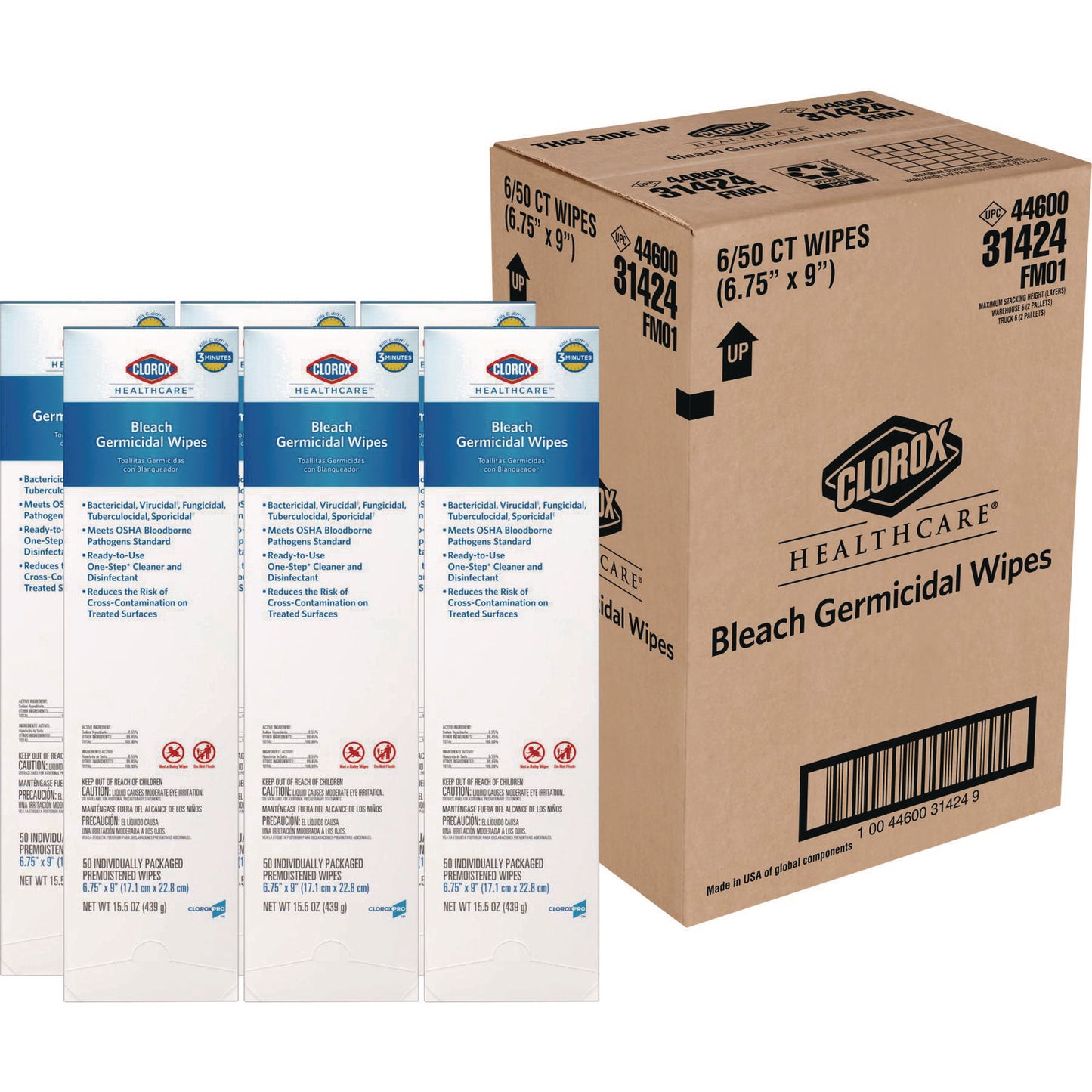 Clorox Healthcare Bleach Germicidal Wipes, 1-Ply, 6.75 x 9, Unscented, White, 50/Box, 6 Boxes/Carton (31424)