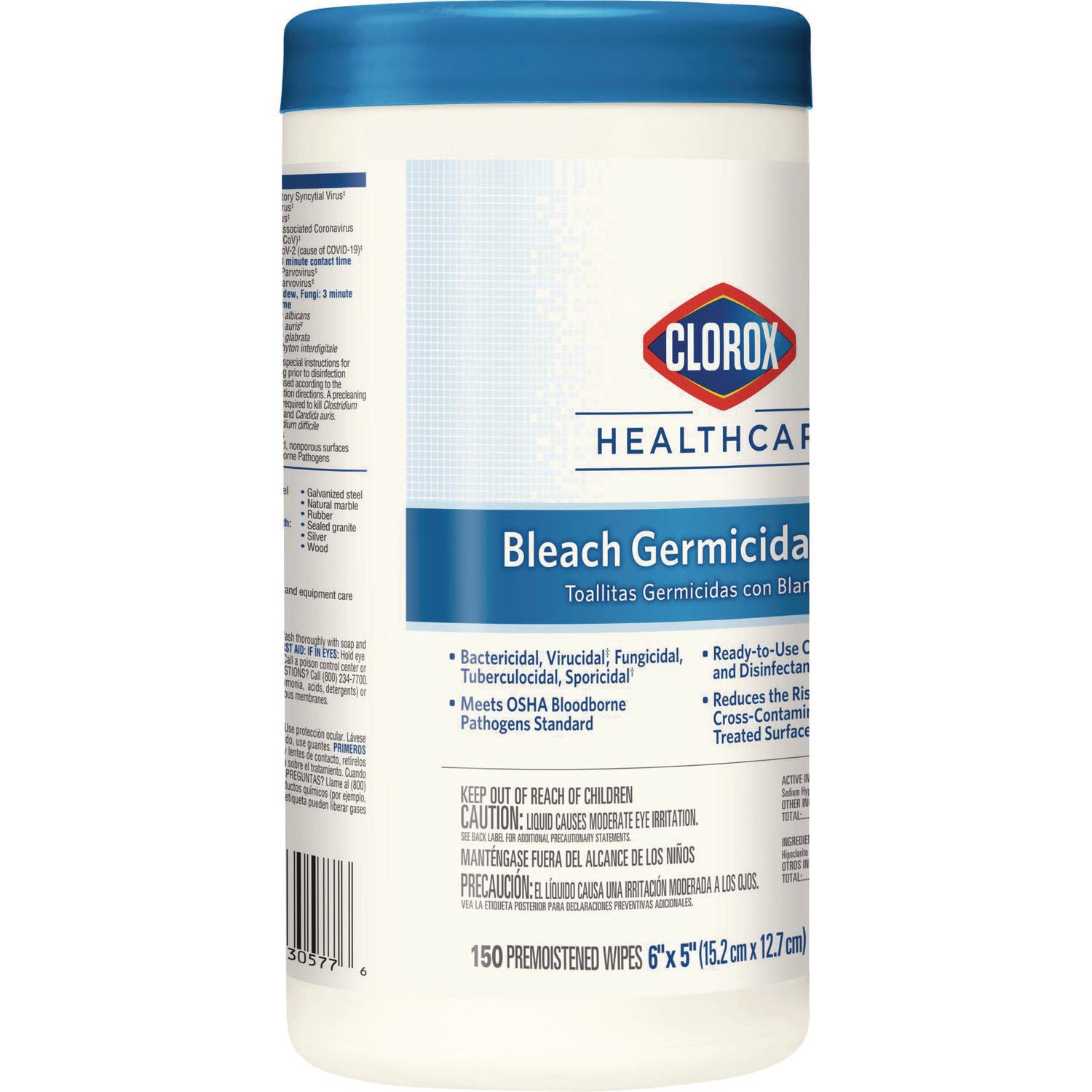 Clorox Healthcare Bleach Germicidal Wipes, 1-Ply, 6 x 5, Unscented, White, 150/Canister (30577)