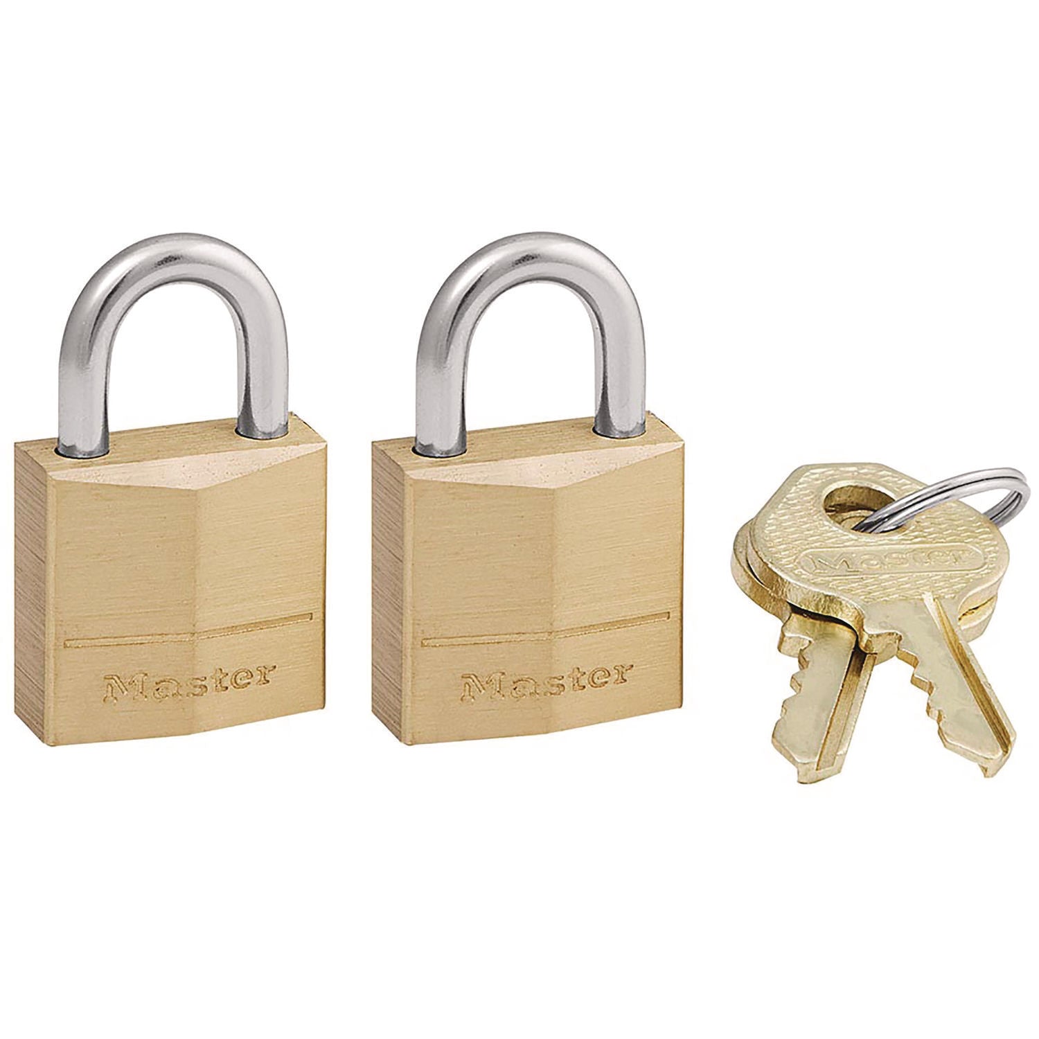 Master Lock Three-Pin Brass Tumbler Locks, 0.75" Wide, 2 Locks and 2 Keys, 2/Pack (120T)