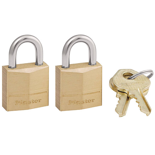 Master Lock Three-Pin Brass Tumbler Locks, 0.75" Wide, 2 Locks and 2 Keys, 2/Pack (120T)