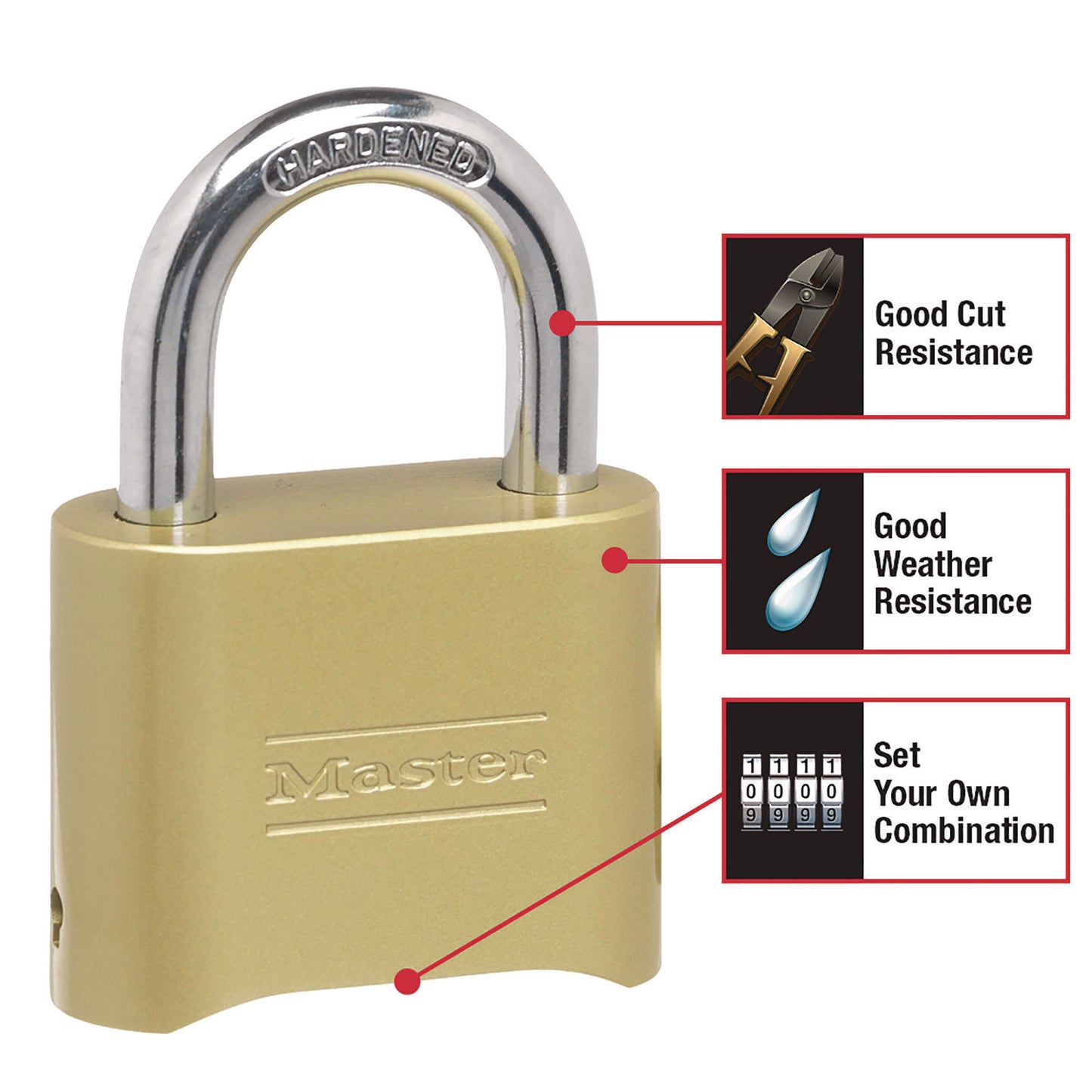 Master Lock Resettable Combination Padlock, 2" Wide, Brass (175D)