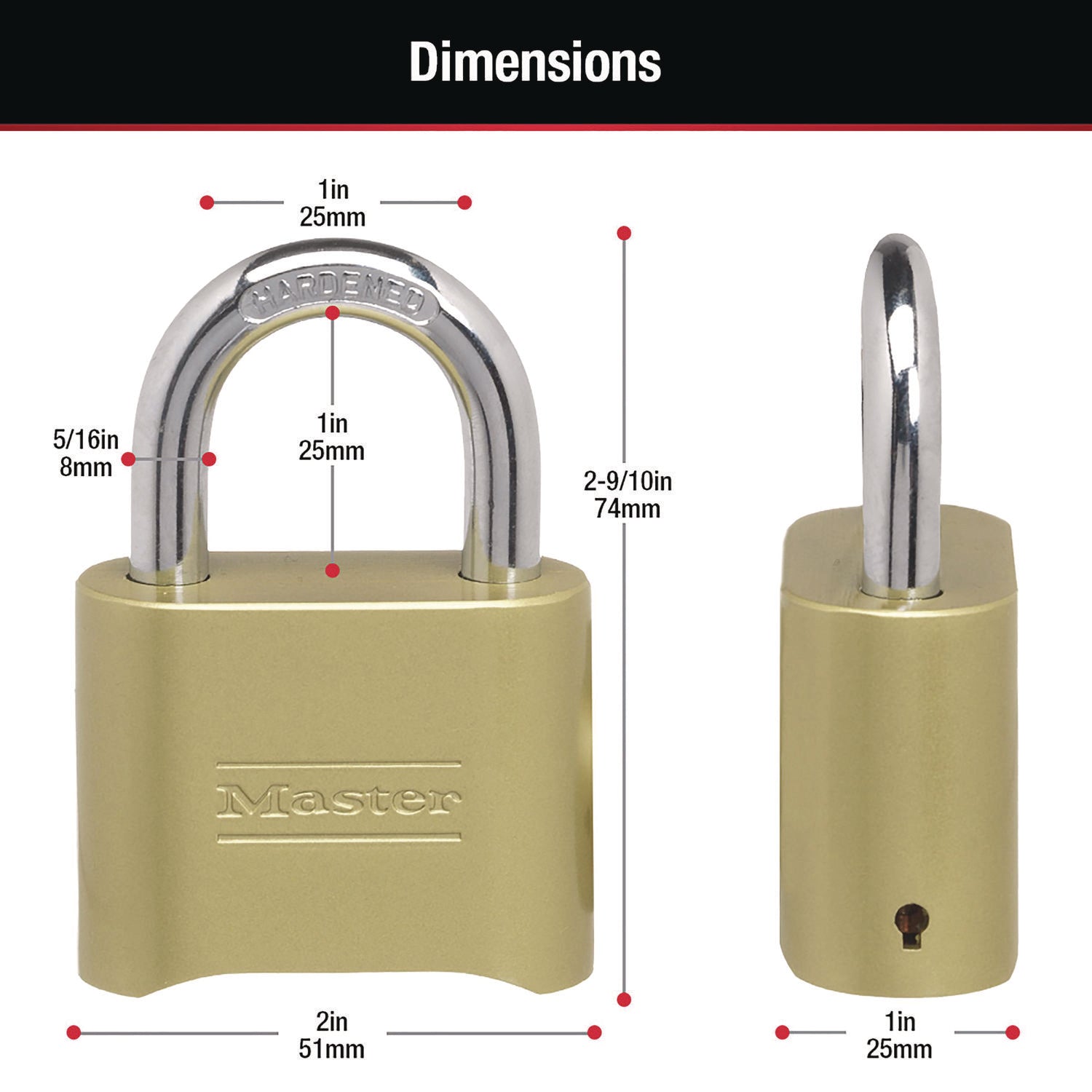 Master Lock Resettable Combination Padlock, 2" Wide, Brass (175D)