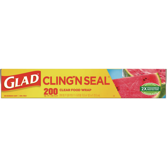 Glad Cling'N Seal Plastic Food Wrap, 200 Square Foot Roll, Clear, 12 Rolls/Carton (00020CT)