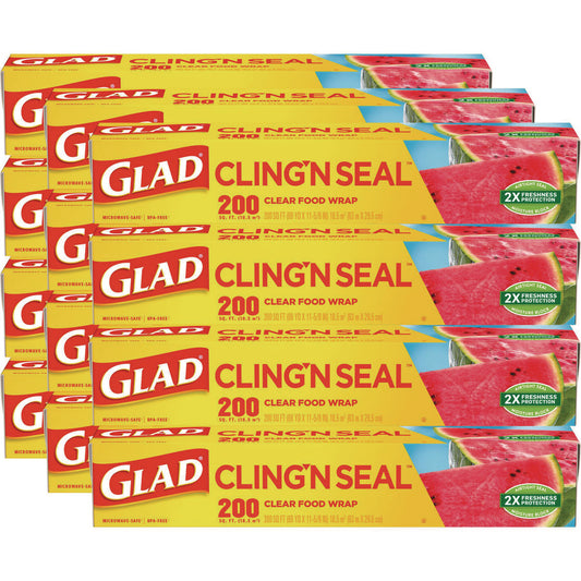 Glad Cling'N Seal Plastic Food Wrap, 200 Square Foot Roll, Clear, 12 Rolls/Carton (00020CT)