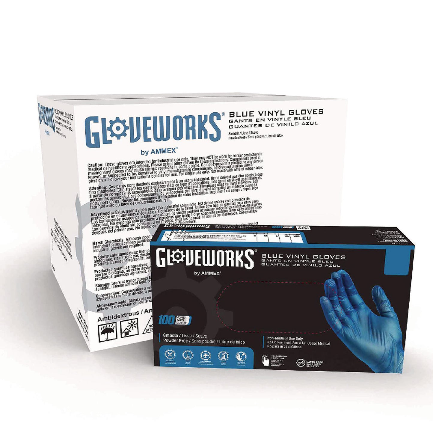 GloveWorks by AMMEX Industrial Vinyl Gloves, Powder-Free, 3 mil, Small, Blue, 100 Gloves/Box, 10 Boxes/Carton (IVBPF42100)