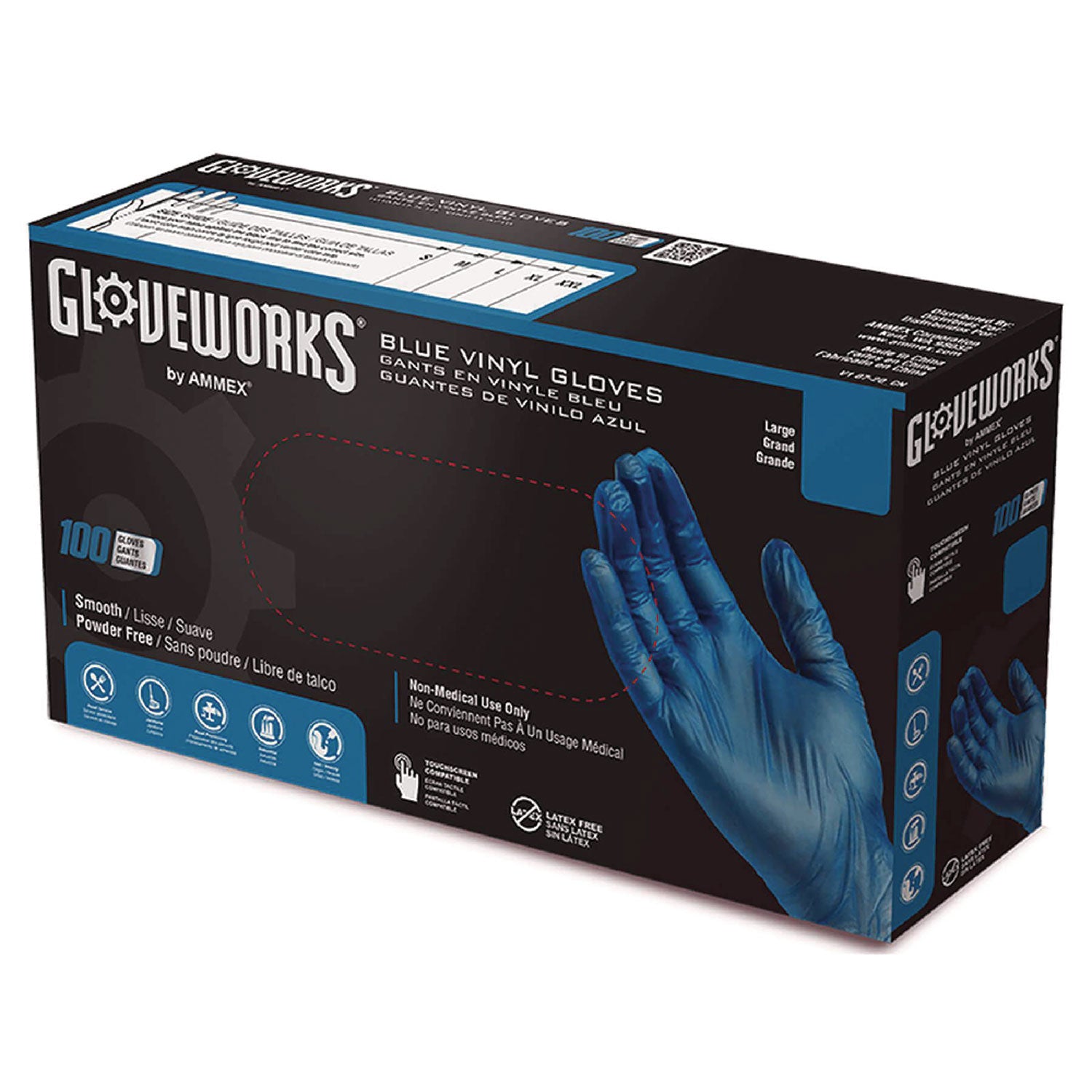 GloveWorks by AMMEX Industrial Vinyl Gloves, Powder-Free, 3 mil, Medium, Blue, 100 Gloves/Box, 10 Boxes/Carton (IVBPF44100)