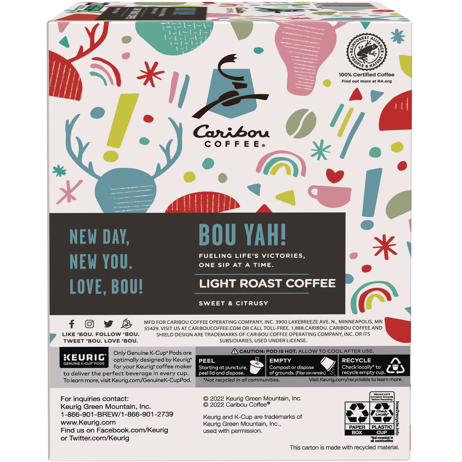 Caribou Coffee BOU YAH K-Cup Pods, Light Roast, 22/Box (6865)