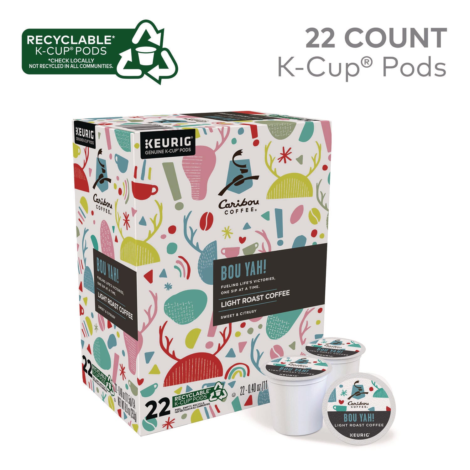 Caribou Coffee BOU YAH K-Cup Pods, Light Roast, 22/Box (6865)