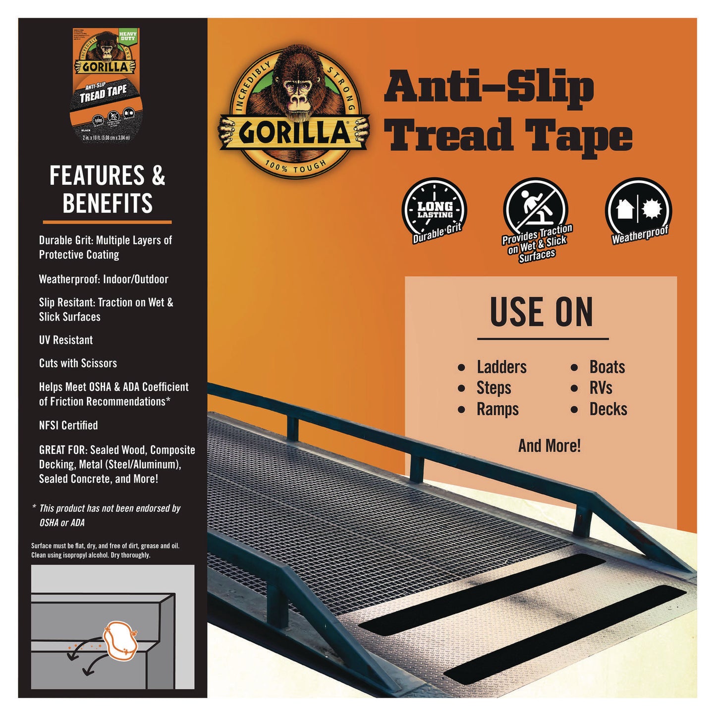 Gorilla Tread Tape, 3" Core, 2" x 10 ft, Black (115944)