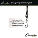 Champion Sports Lanyard, Metal J-Hook Fastener, 20" Long, Black, 12/Pack (126BLK)