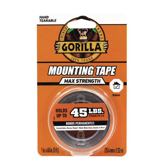 Gorilla Max Strength Mounting Tape, Permanent, Holds Up to 45 lb (3 lbs per 4 in), 1 x 60, Black (112962)