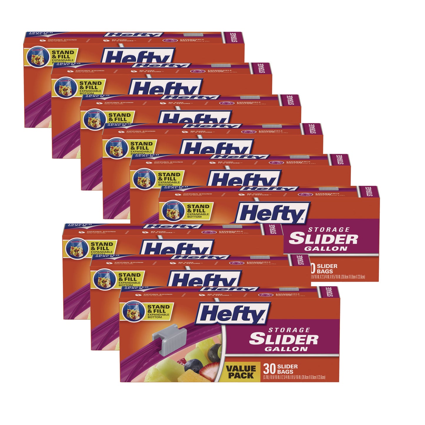 Hefty Slider Stand and Fill Food Storage Bags, Gallon, 10.56" x 11", Clear, 30 Bags/Box, 9 Boxes/Carton (R88071CT)