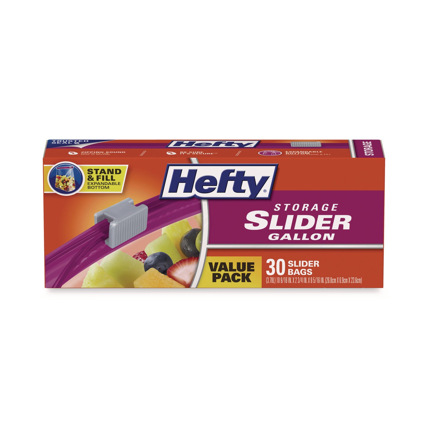 Hefty Slider Stand and Fill Food Storage Bags, Gallon, 10.56" x 11", Clear, 30 Bags/Box, 9 Boxes/Carton (R88071CT)