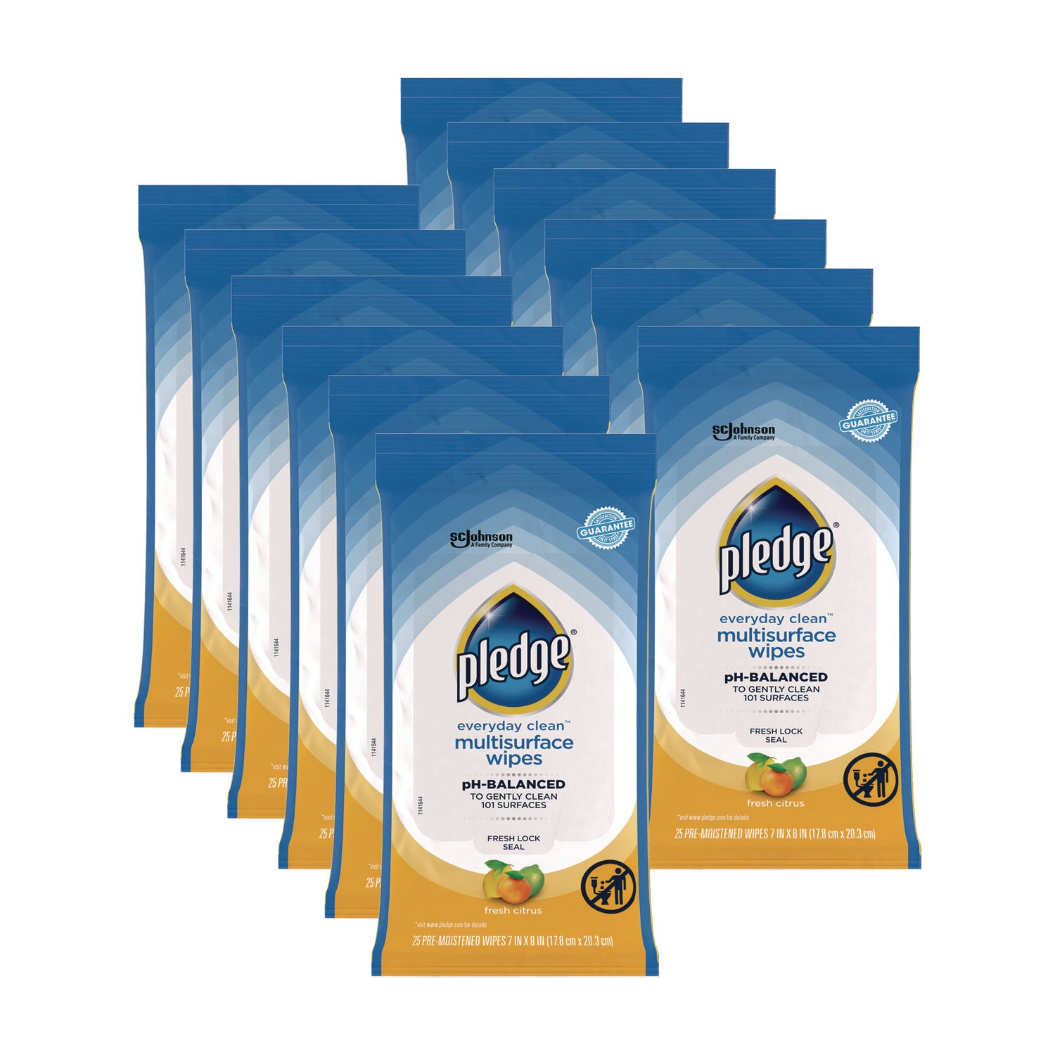 Pledge Multi-Surface Cleaner Wet Wipes, Cloth, 7 x 10, Fresh Citrus, White, 25/Pack, 12 Packs/Carton (336274)