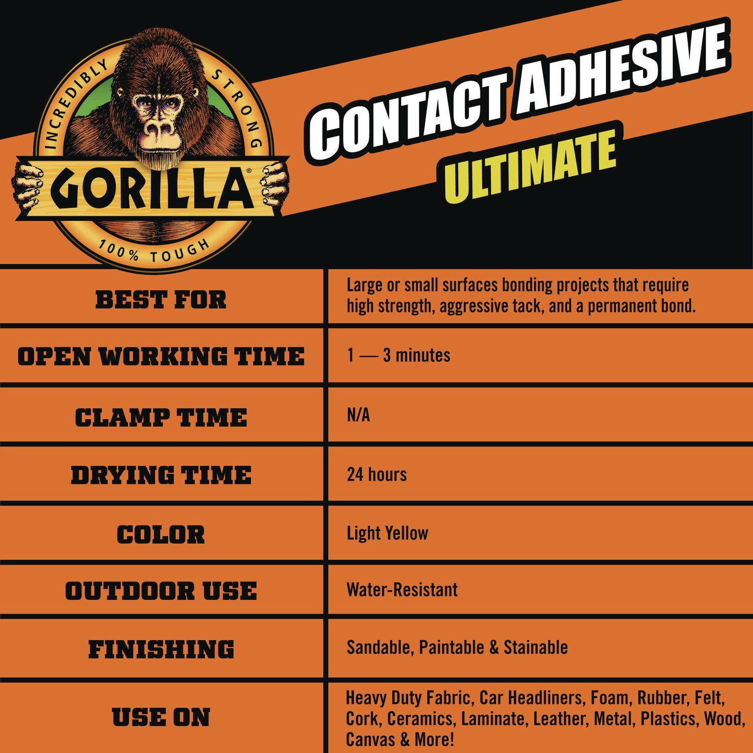 Gorilla Contact Adhesive Ultimate, 12.2 oz Aerosol Spray, Dries Light Yellow (109852)