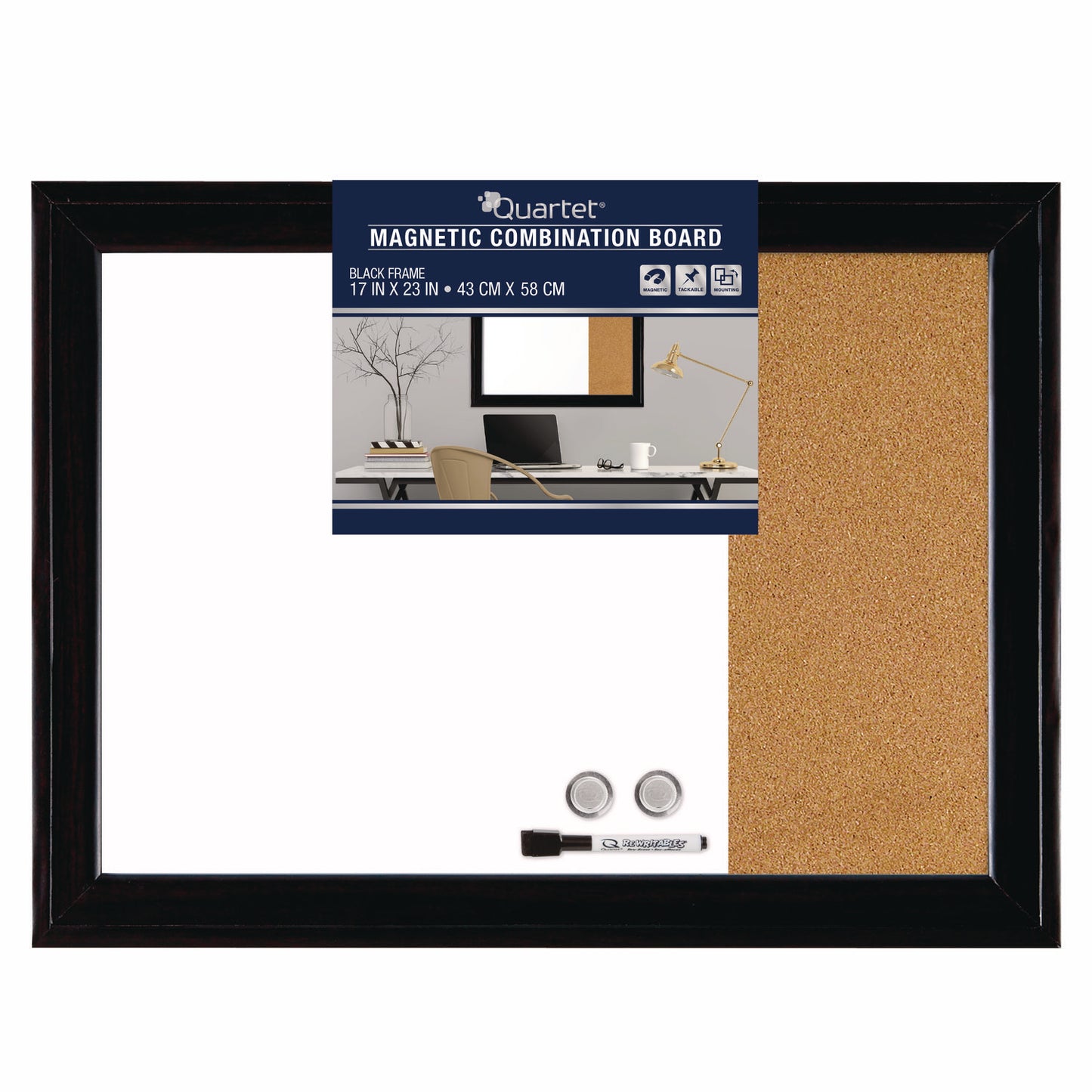 Quartet Home Decor Magnetic Combo Dry Erase Board with Cork Board on Side, 23 x 17, Tan/White Surface, Black Wood Frame (79283)