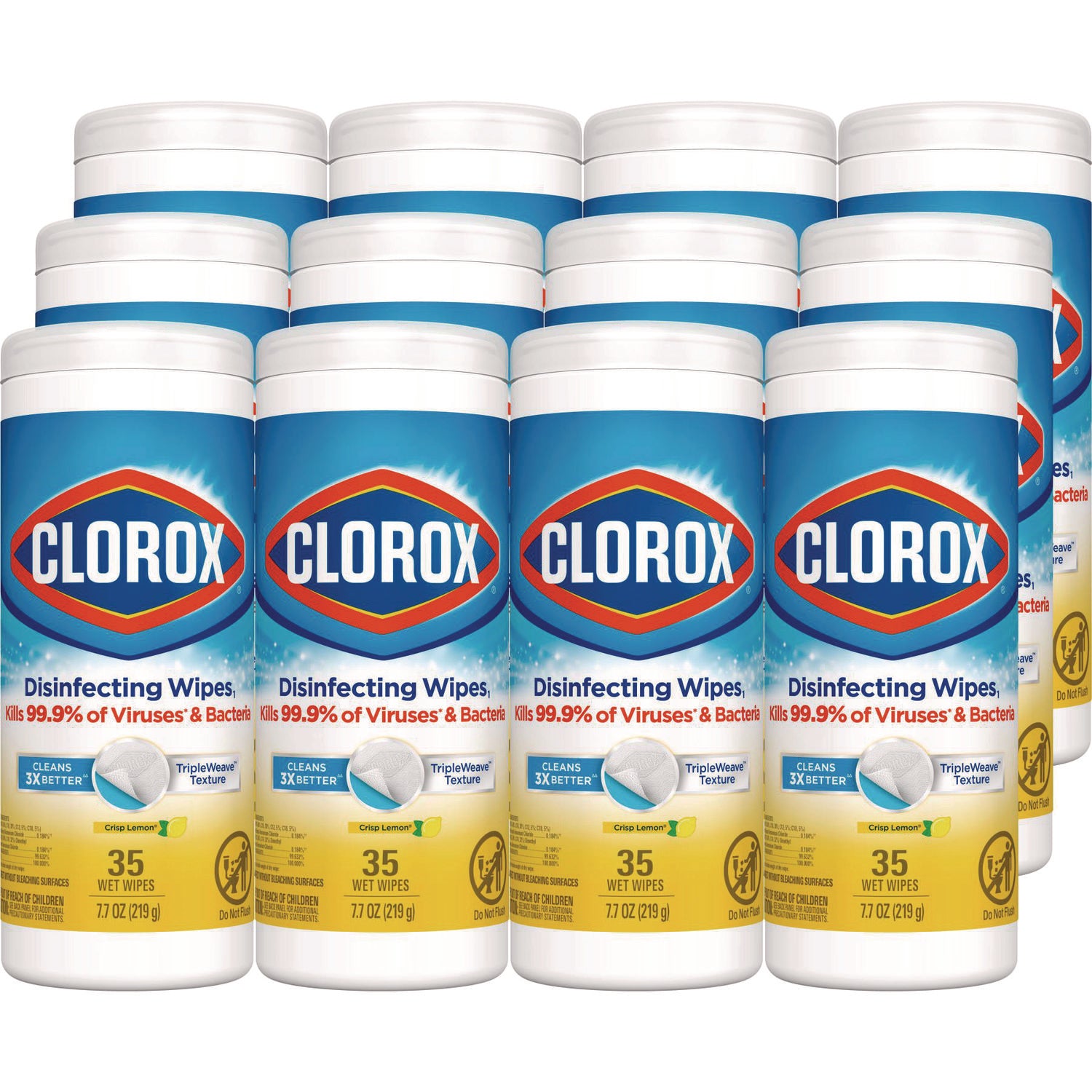 Clorox Disinfecting Wipes, 1-Ply, 7 x 8, Crisp Lemon, White, 35/Canister, 12 Canisters/Carton (01594CT)
