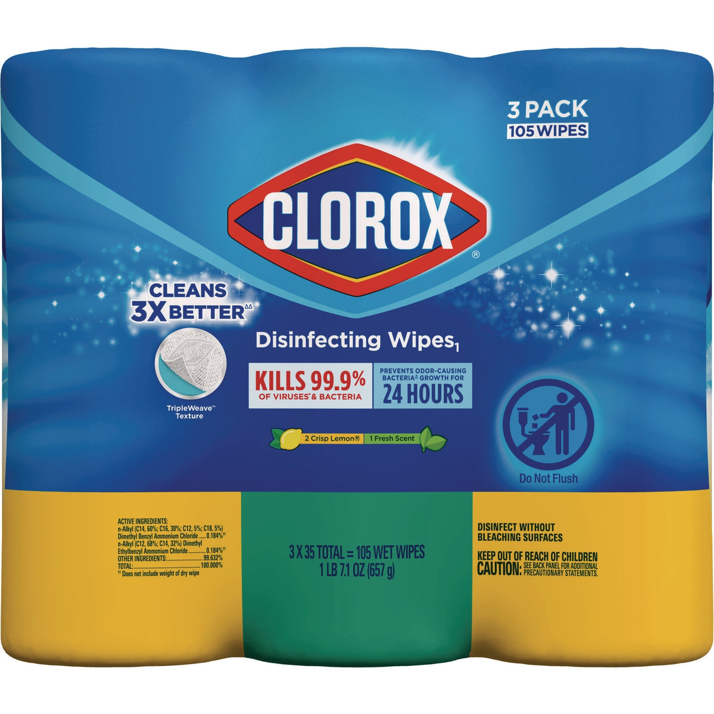 Clorox Disinfecting Wipes, 1-Ply, 7 x 8, Fresh Scent/Citrus Blend, White, 35/Canister, 3 Canisters/Pack (30112)