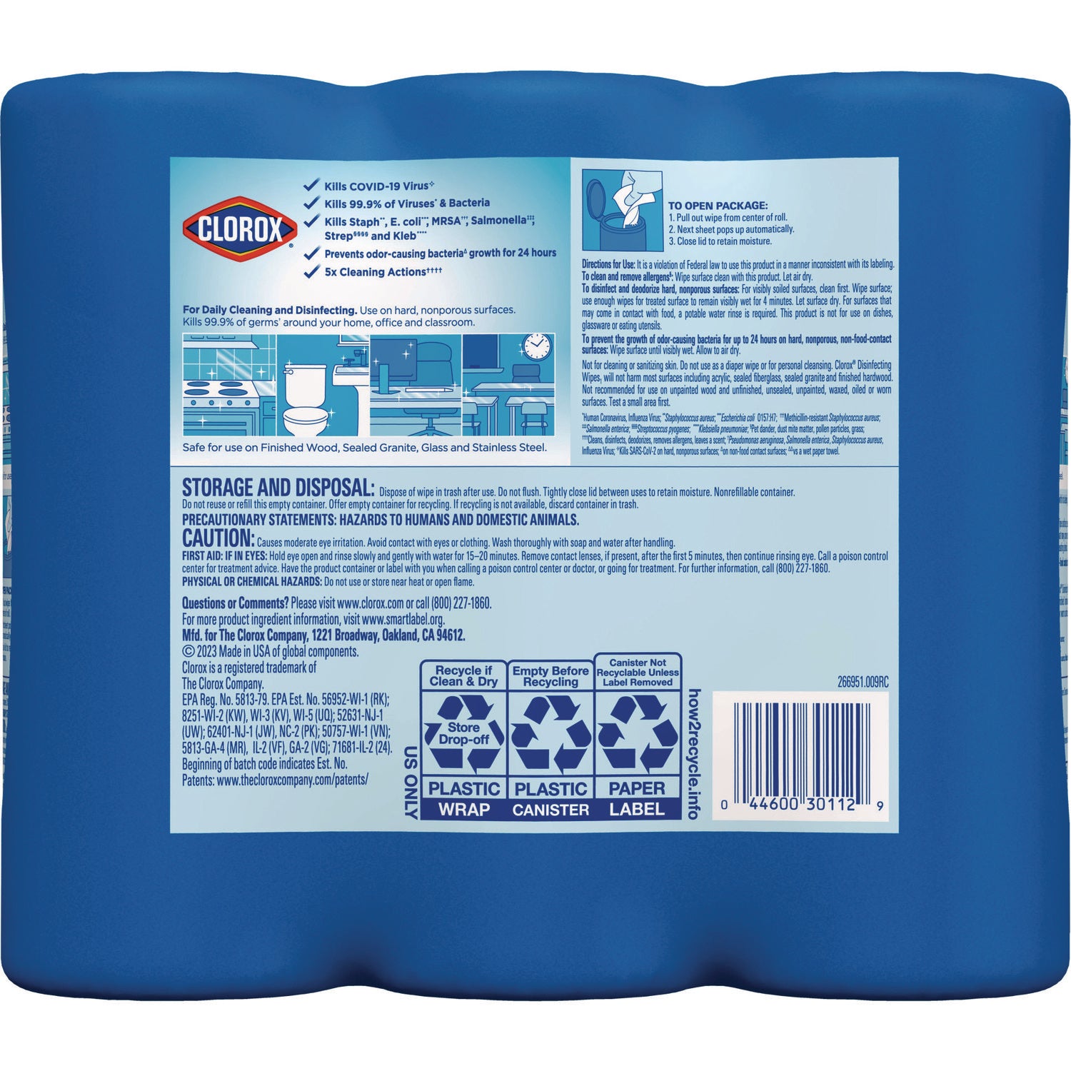 Clorox Disinfecting Wipes, 1-Ply, 7 x 8, Fresh Scent/Citrus Blend, White, 35/Canister, 3 Canisters/Pack (30112)