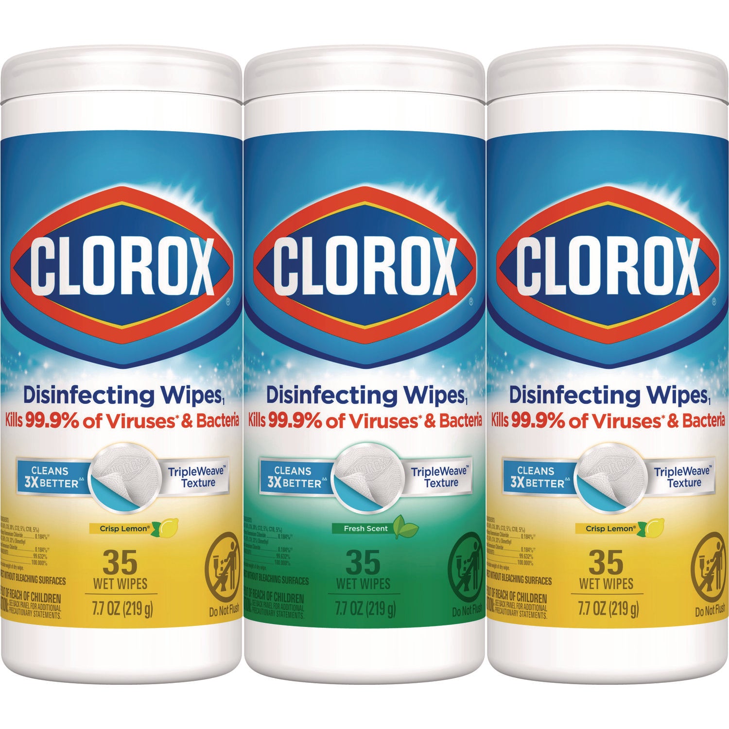 Clorox Disinfecting Wipes, 1-Ply, 7 x 8, Fresh Scent/Citrus Blend, White, 35/Canister, 3 Canisters/Pack (30112)