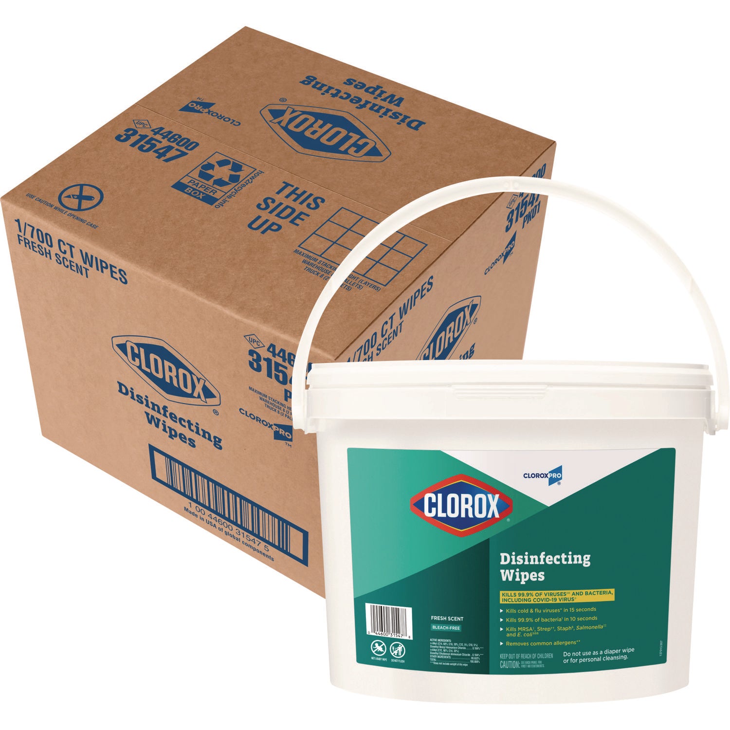 Clorox Disinfecting Wipes, 1-Ply, 7 x 8, Fresh Scent, White, 700/Bucket (31547)