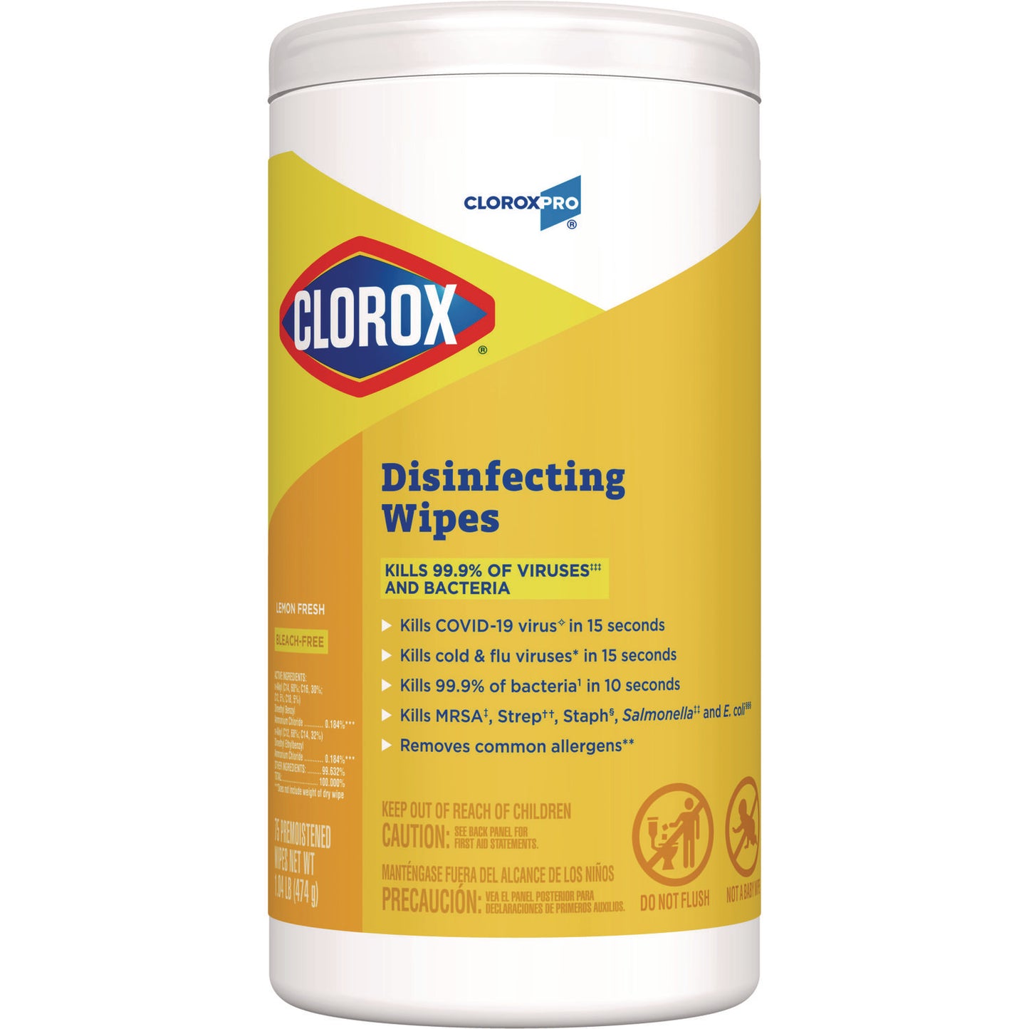 Clorox Disinfecting Wipes, 1-Ply, 7 x 8, Lemon Fresh, White, 75/Canister (15948EA)