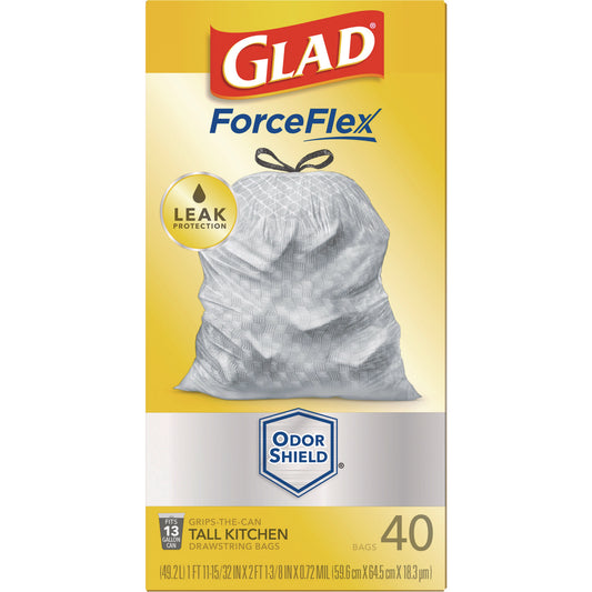 Glad ForceFlex Tall Kitchen Drawstring Trash Bags, 13 gal, 23.75" x 24.88", White, 240/Carton (79008)