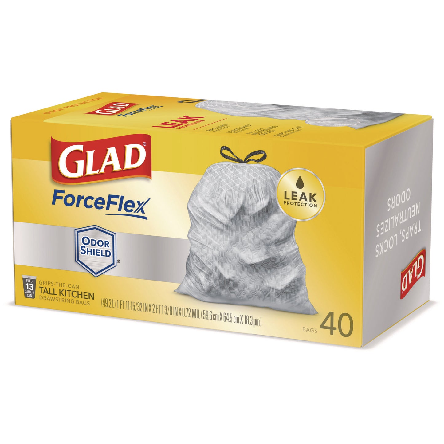 Glad ForceFlex Tall Kitchen Drawstring Trash Bags, 13 gal, 23.75" x 24.88", White, 240/Carton (79008)