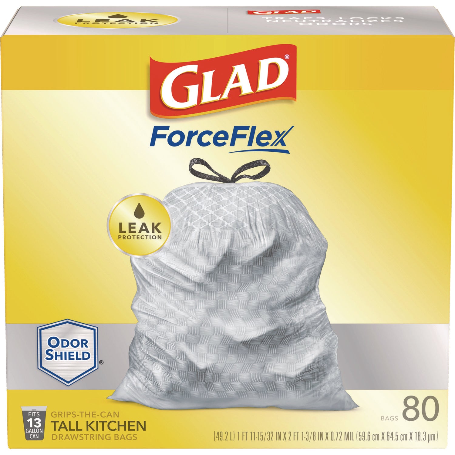 Glad ForceFlex Tall Kitchen Drawstring Trash Bags, 13 gal, 23.75" x 24.88", White, 240/Carton (79009)