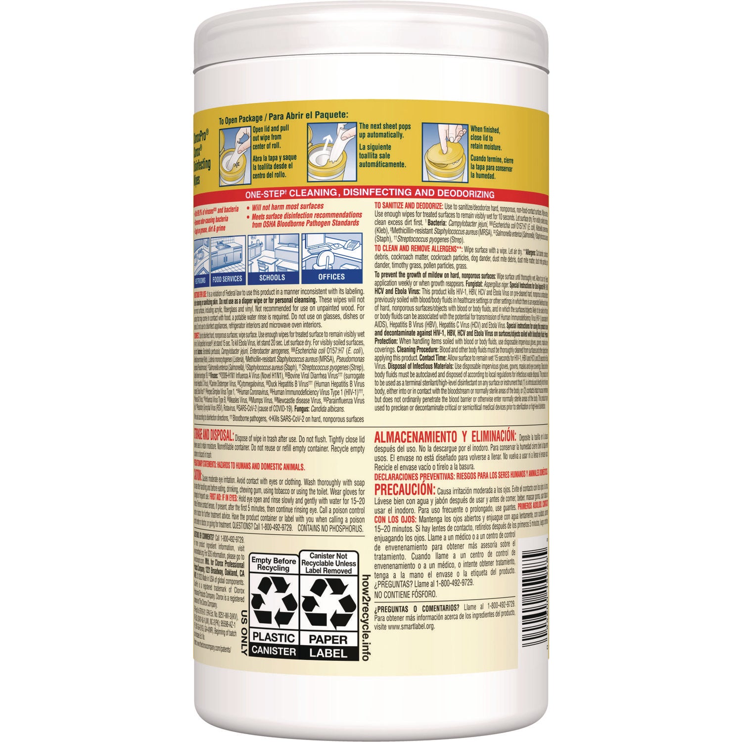 Clorox Disinfecting Wipes, 1-Ply, 7 x 8, Lemon Fresh, White, 75/Canister, 6/Carton (15948CT)