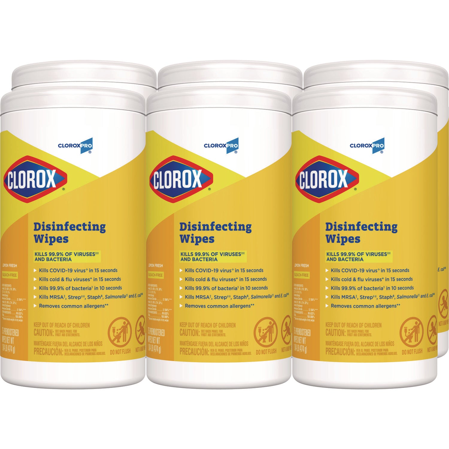 Clorox Disinfecting Wipes, 1-Ply, 7 x 8, Lemon Fresh, White, 75/Canister, 6/Carton (15948CT)