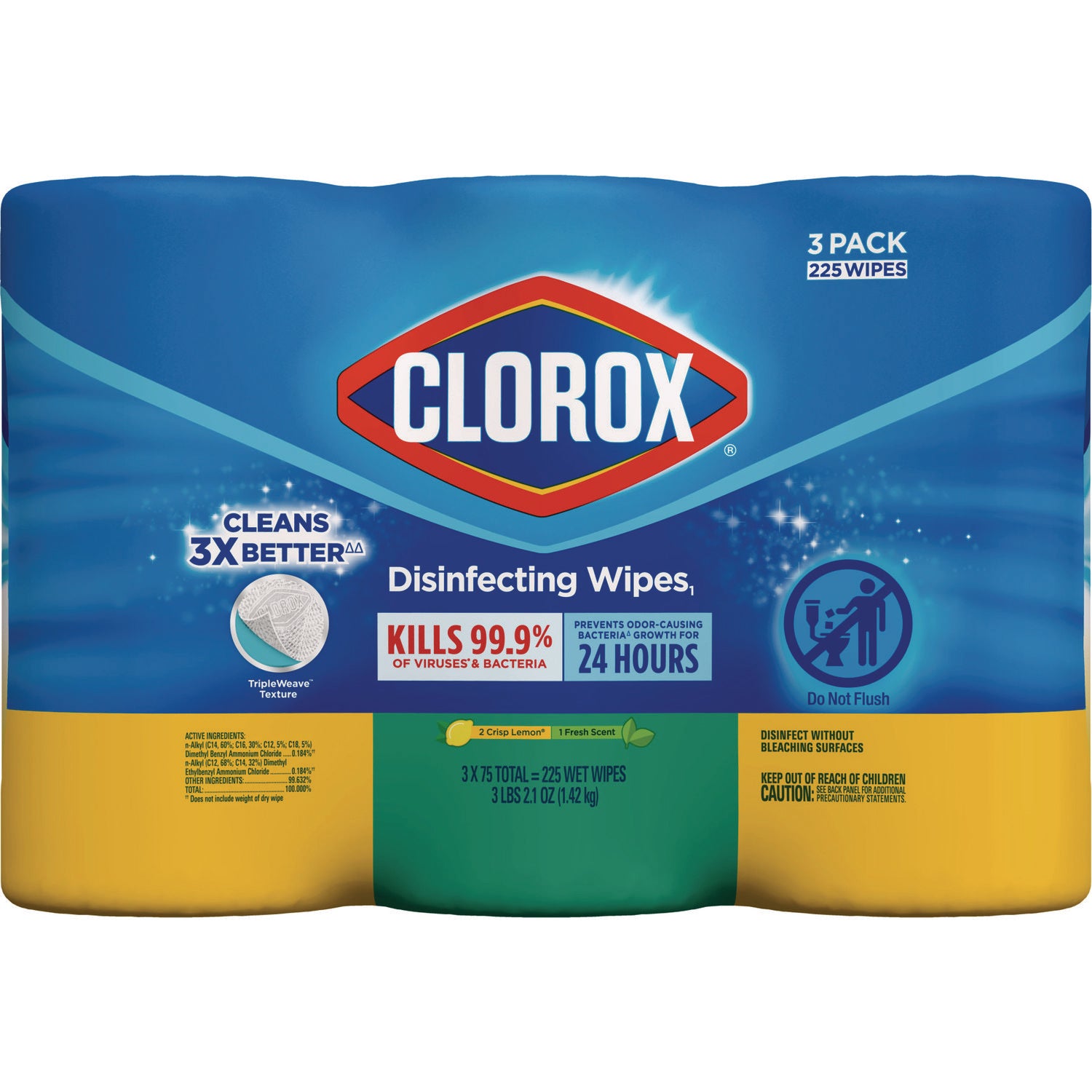Clorox Disinfecting Wipes, 1-Ply, 7 x 8, Fresh Scent/Citrus Blend, White, 75/Canister, 3 Canisters/Pack (30208PK)