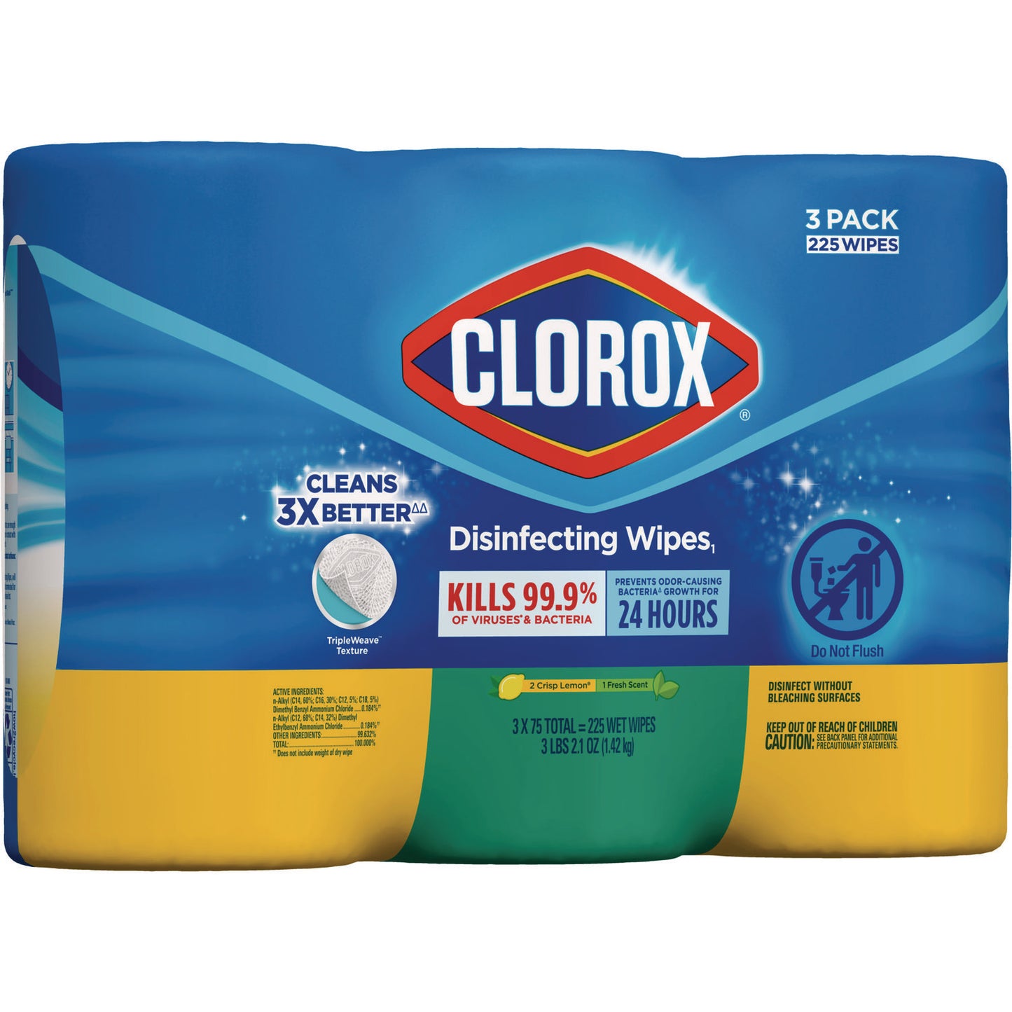 Clorox Disinfecting Wipes, 1-Ply, 7 x 8, Fresh Scent/Citrus Blend, White, 75/Canister, 3 Canisters/Pack (30208PK)