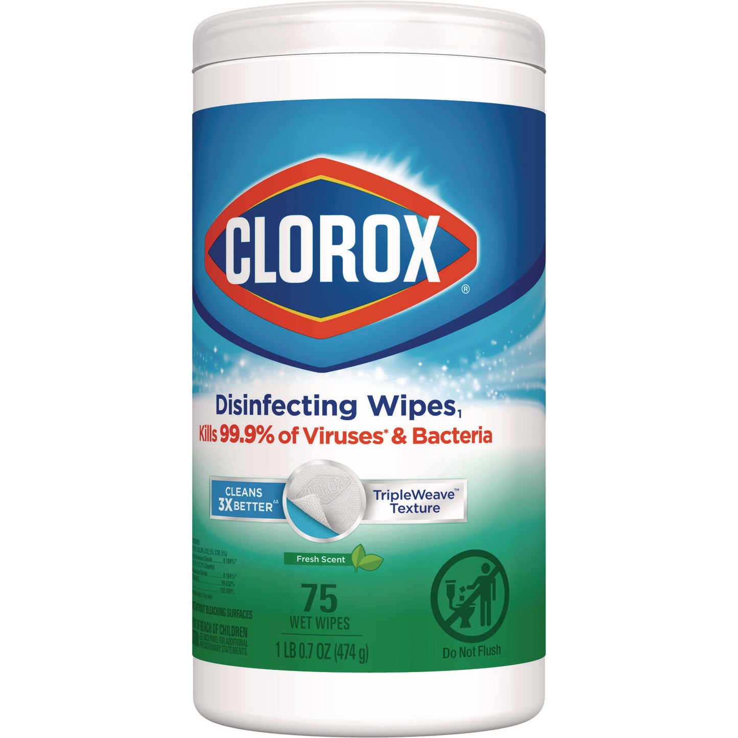 Clorox Disinfecting Wipes, 1-Ply, 7 x 8, Fresh Scent, White, 75/Canister, 6 Canisters/Carton (01656)