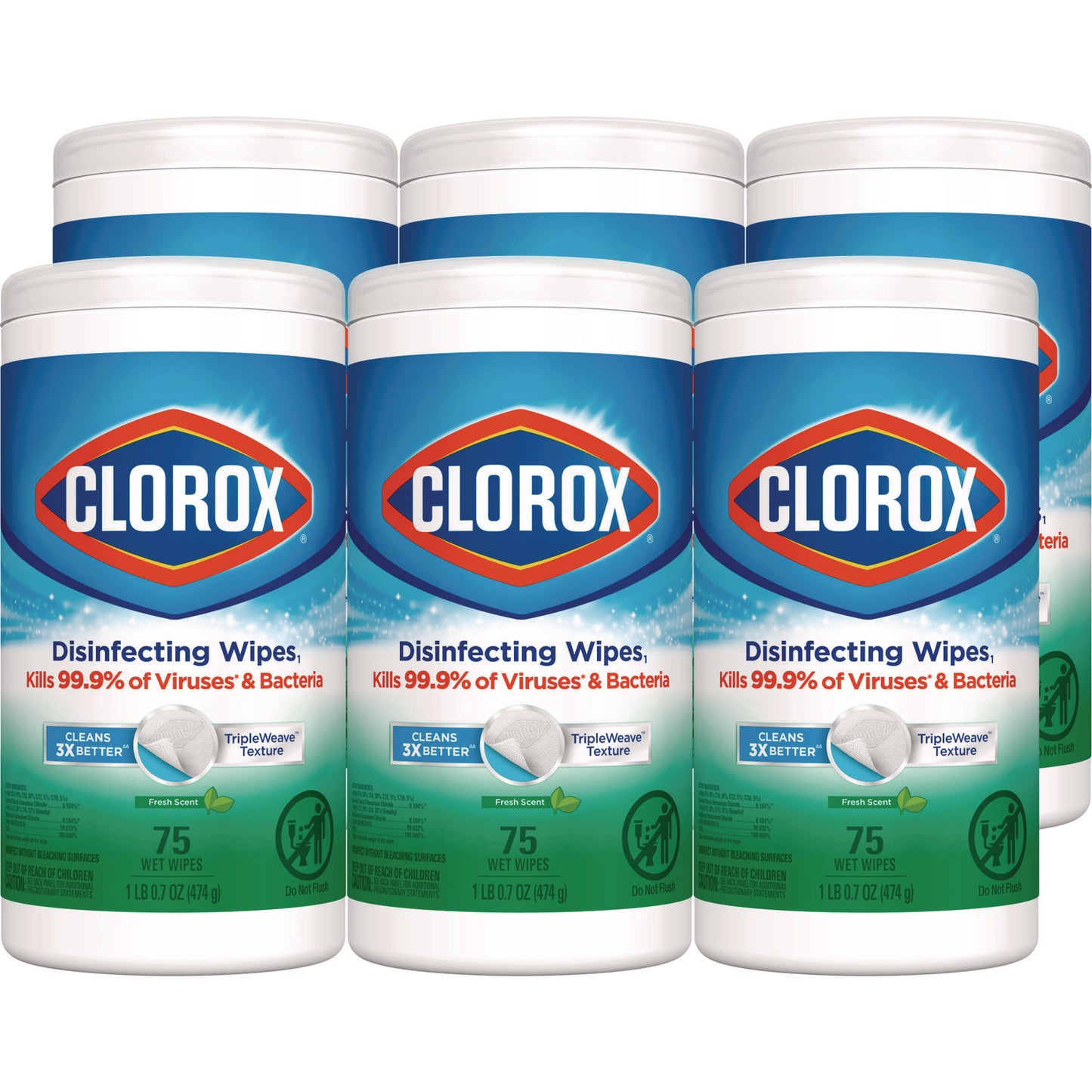 Clorox Disinfecting Wipes, 1-Ply, 7 x 8, Fresh Scent, White, 75/Canister, 6 Canisters/Carton (01656)