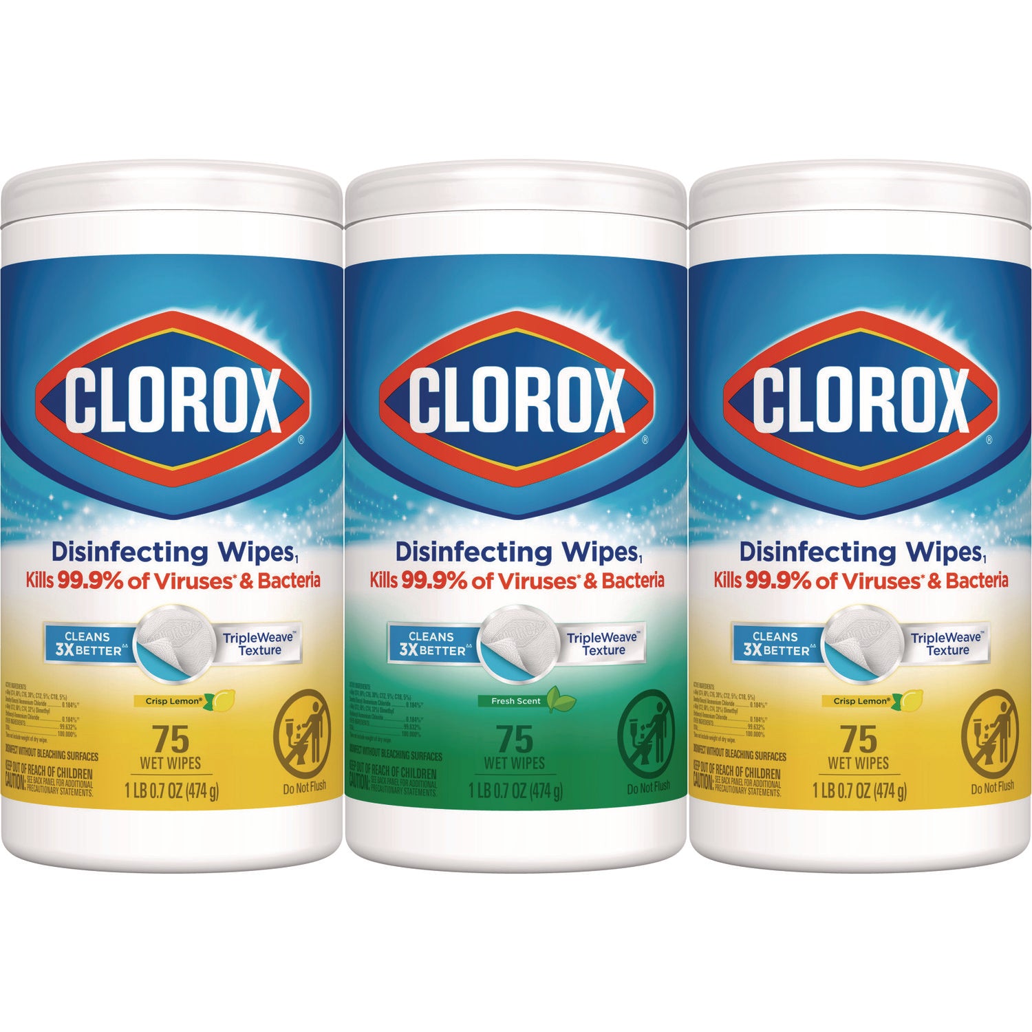 Clorox Disinfecting Wipes, 1-Ply, 7 x 8, Fresh Scent/Citrus Blend, White, 75/Canister, 3 Canisters/Pack (30208PK)