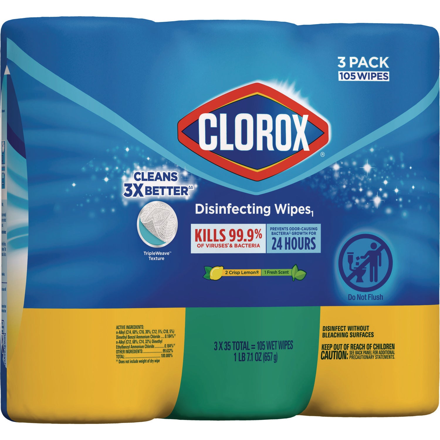 Clorox Disinfecting Wipes, 1-Ply, 7 x 8, Fresh Scent/Citrus Blend, White, 35/Canister, 3 Canisters/Pack (30112)