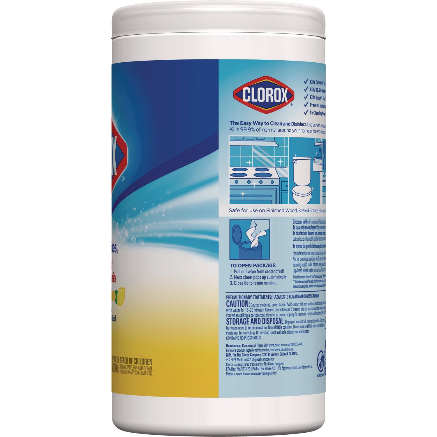 Clorox Disinfecting Wipes, 1-Ply, 7 x 7.75, Crisp Lemon, White, 75/Canister, 6 Canisters/Carton (01628)