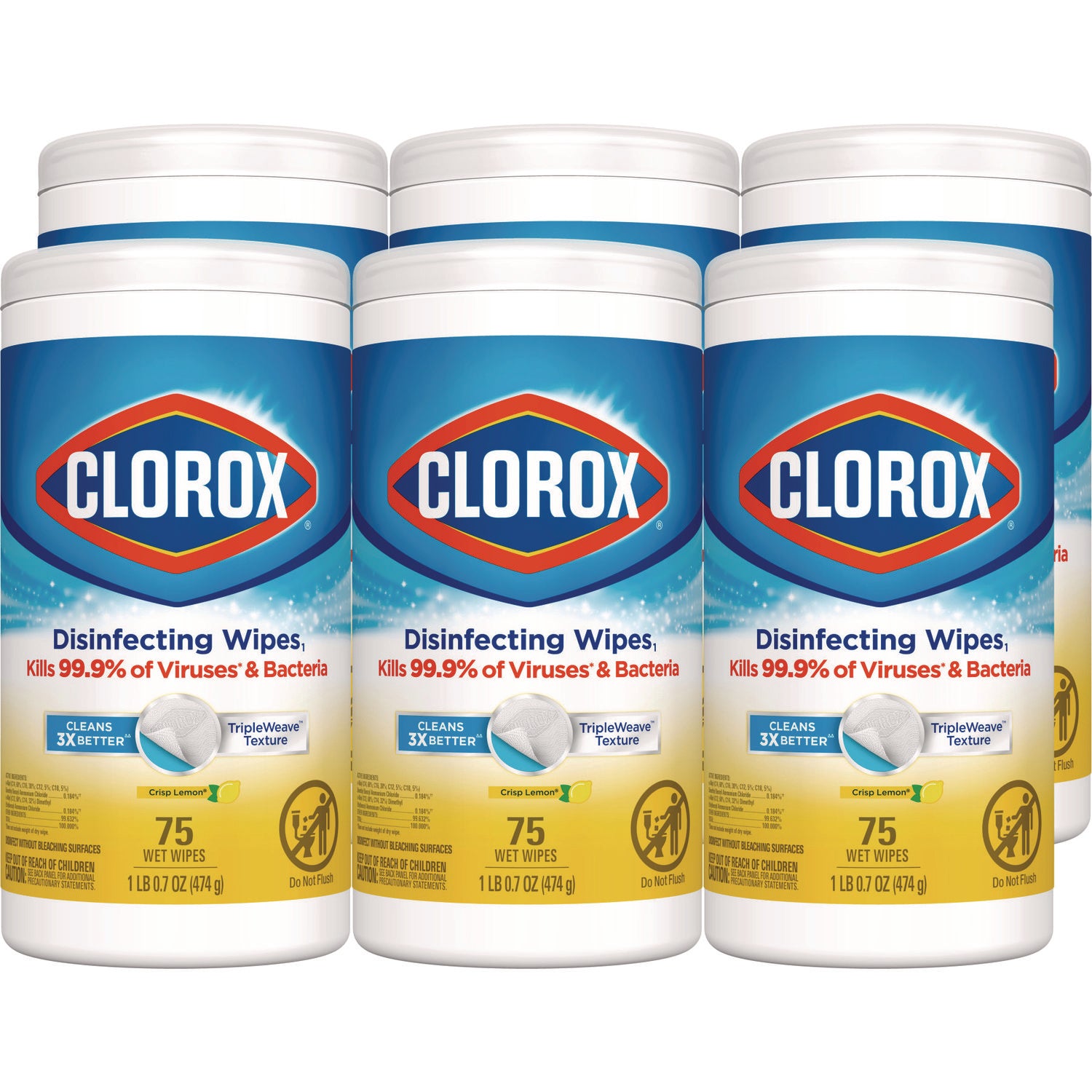 Clorox Disinfecting Wipes, 1-Ply, 7 x 7.75, Crisp Lemon, White, 75/Canister, 6 Canisters/Carton (01628)