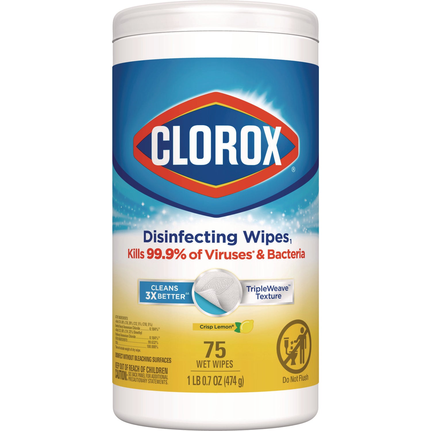 Clorox Disinfecting Wipes, 1-Ply, 7 x 7.75, Crisp Lemon, White, 75/Canister, 6 Canisters/Carton (01628)