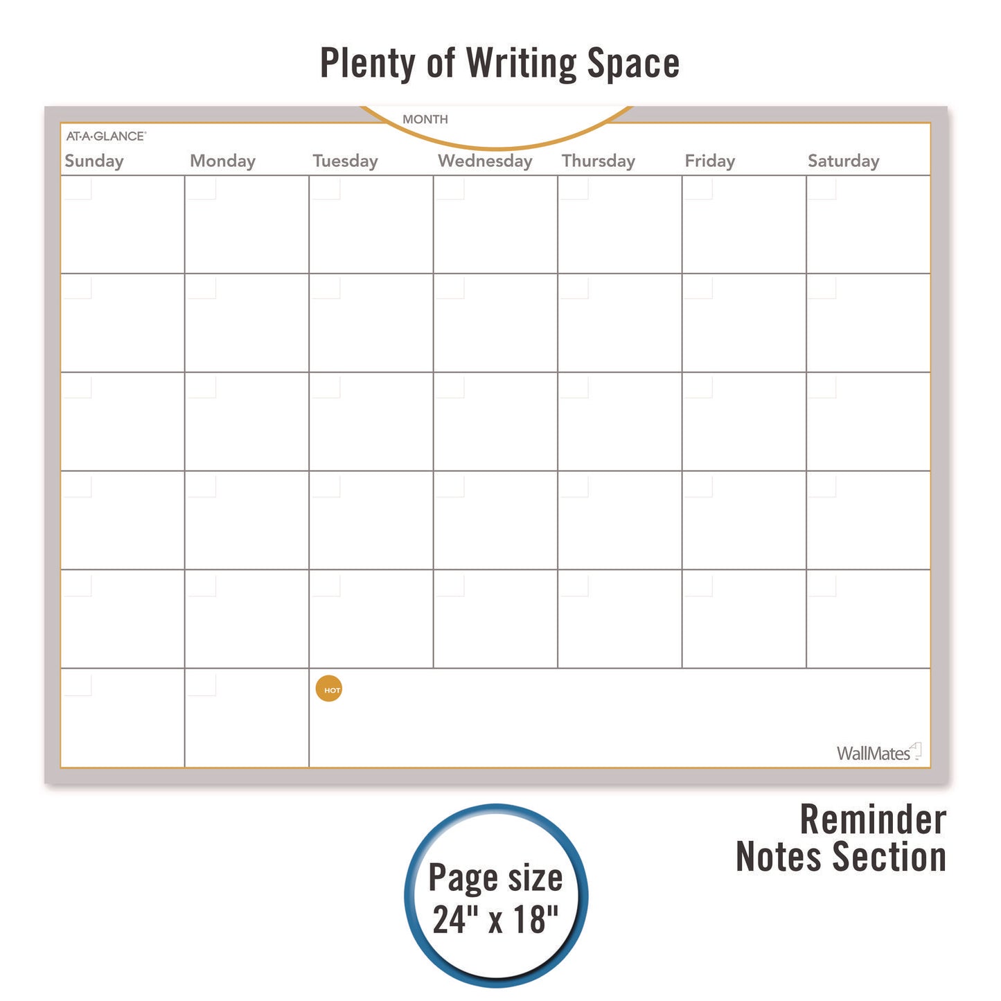 AT-A-GLANCE WallMates Self-Adhesive Dry Erase Monthly Planning Surfaces, 24 x 18, White/Gray/Orange Sheets, Undated (AW502028)