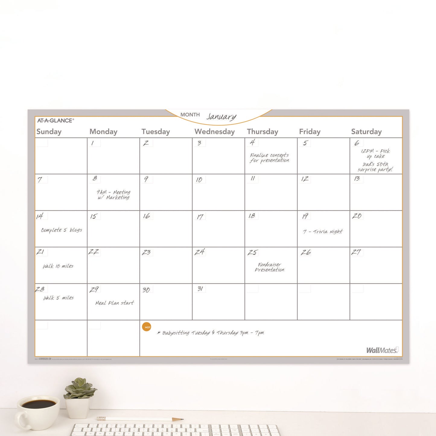 AT-A-GLANCE WallMates Self-Adhesive Dry Erase Monthly Planning Surfaces, 36 x 24, White/Gray/Orange Sheets, Undated (AW602028)