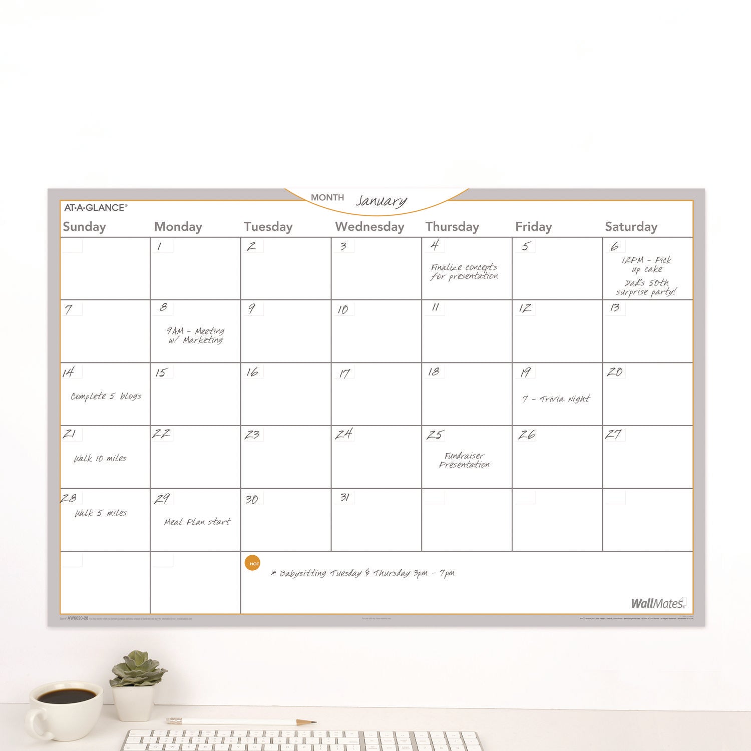 AT-A-GLANCE WallMates Self-Adhesive Dry Erase Monthly Planning Surfaces, 36 x 24, White/Gray/Orange Sheets, Undated (AW602028)