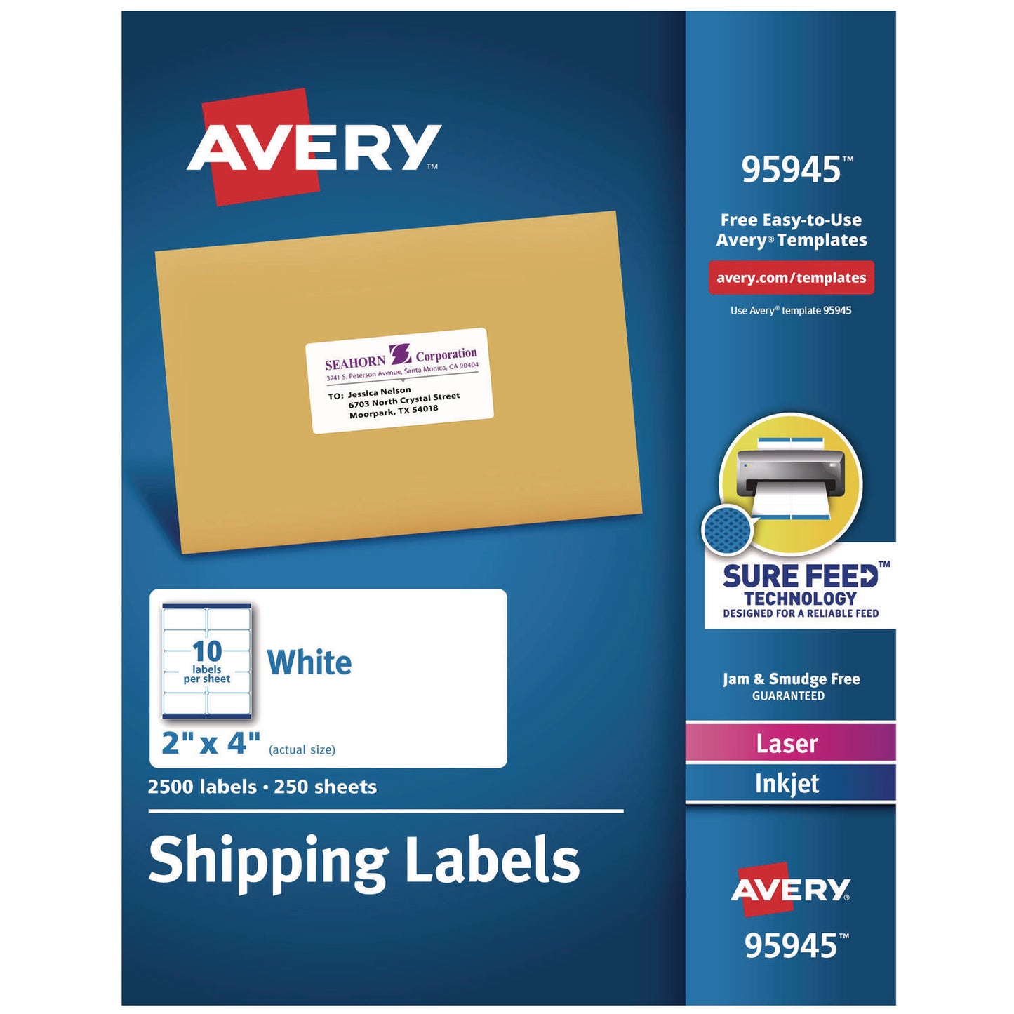 Avery White Shipping Labels-Bulk Packs, Inkjet/Laser Printers, 2 x 4, White, 10/Sheet, 250 Sheets/Box (95945)