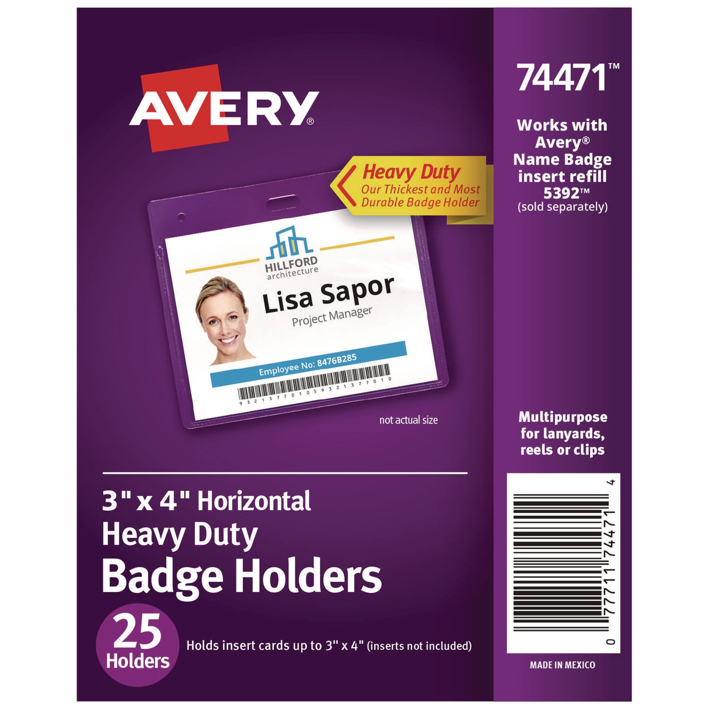 Avery Secure Top Heavy-Duty Badge Holders, Horizontal, 4w x 3h, Clear, 25/Pack (74471)