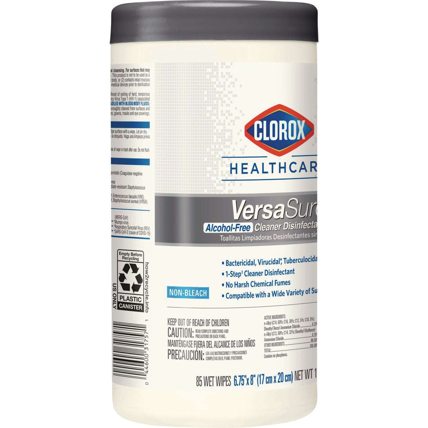 Clorox Healthcare VersaSure Cleaner Disinfectant Wipes, 1-Ply, 8 x 6.75, Original Scent, White, 85 Towels/Can (31757EA)